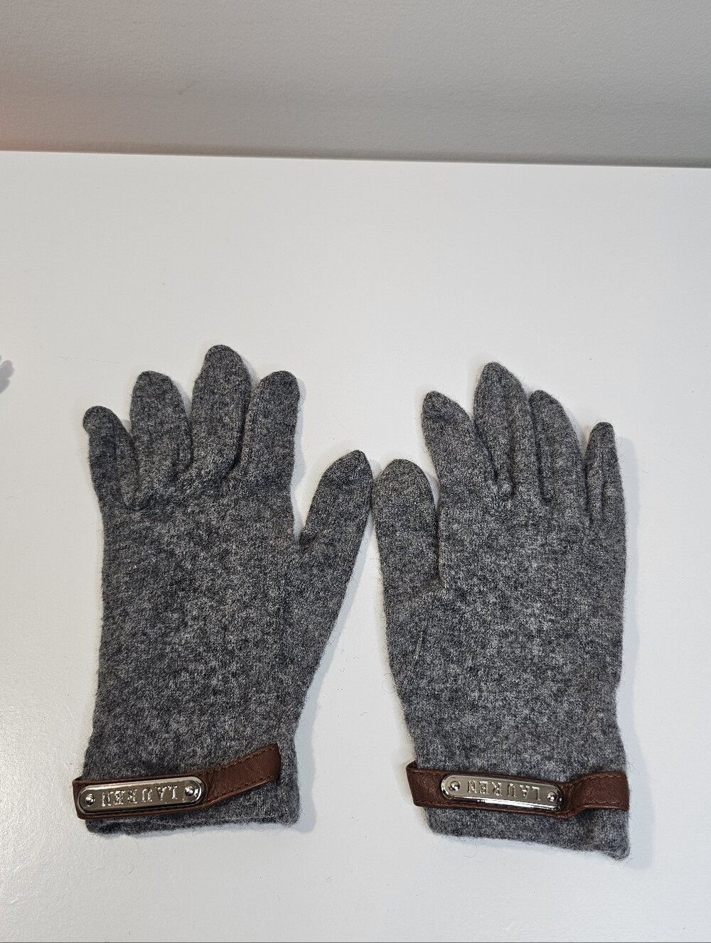 Ralph Lauren Gray Wool-Blend Gloves with Brown Leather Accent